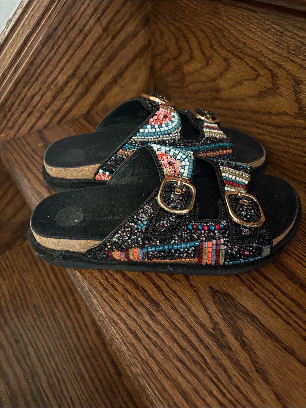 House of Harlow 1960 Black Beaded Double Buckle Slide Sandals